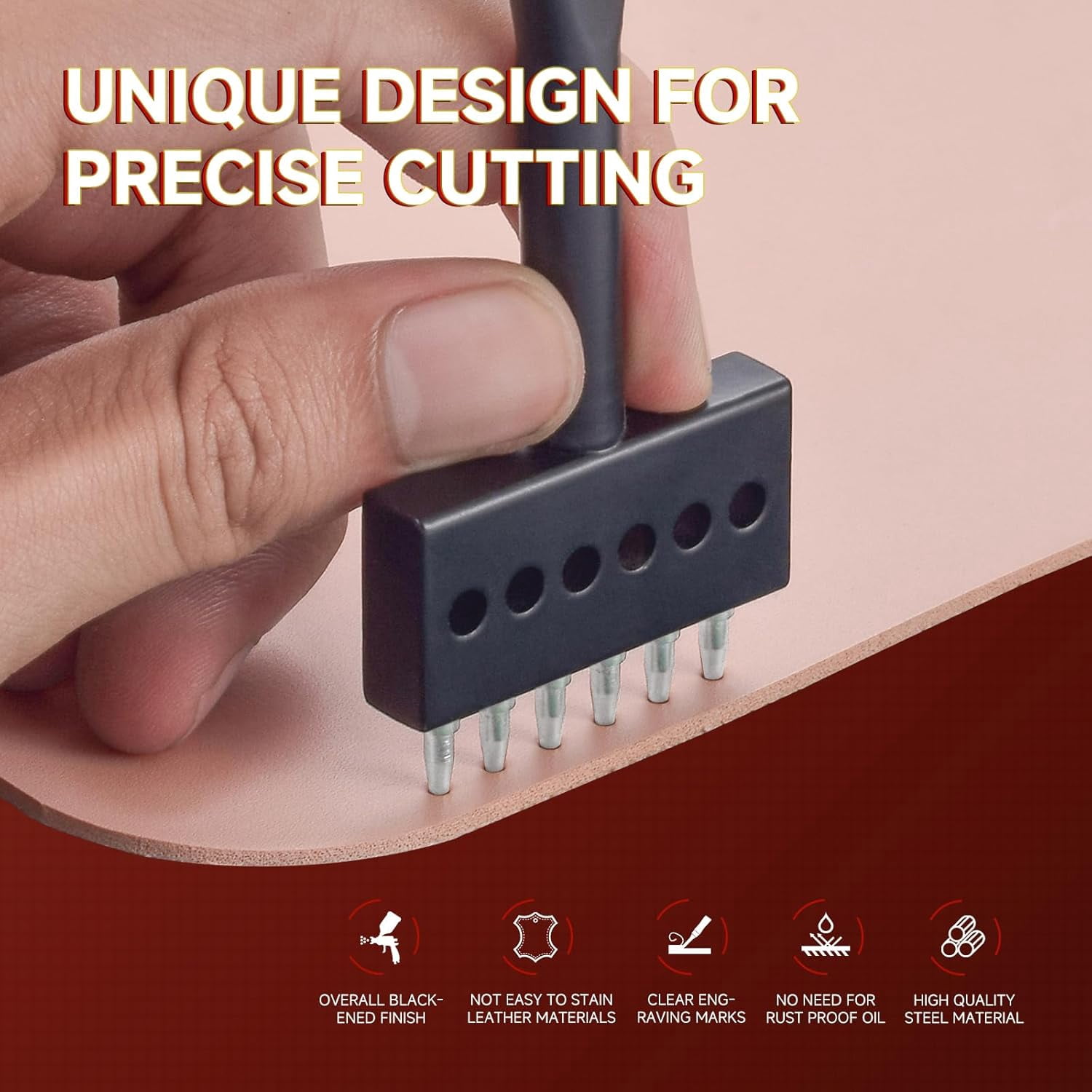 ABCISI Leather Hole Punch Tool Set, 3 Pcs 6mm Leather Row Round Hole Chisel Kit, 2/4/6 Prong Row Diamond Stitching Chisel for DIY Leather Craft, Professional Leathercraft Tools