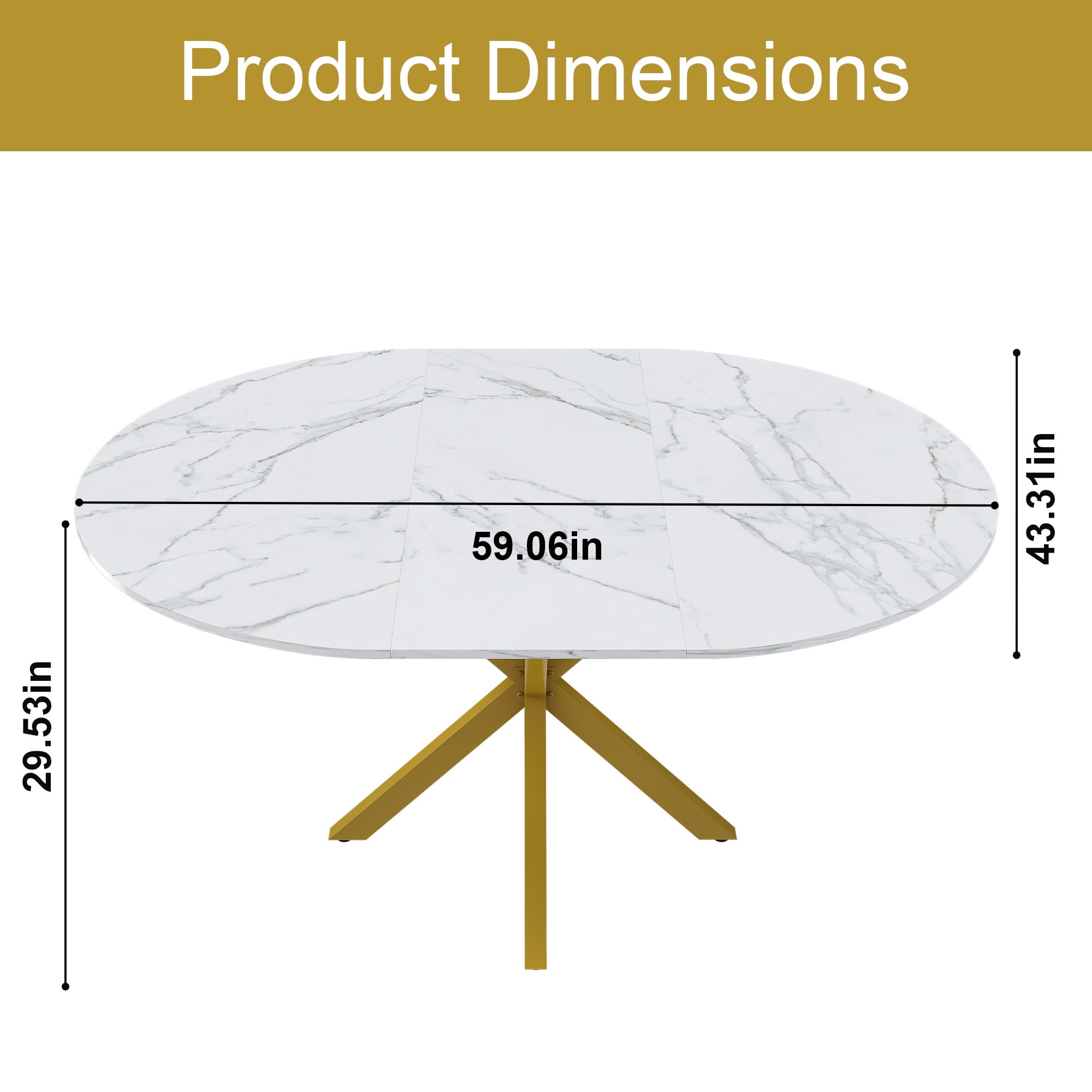 PORKISS 59" Extendable Round Dining Table for 6, Modern Kitchen Table with Carbon Steel Base, Dining Room Table with Thickened Marble-veined Tabletop, Perfect for Small Space, White+Gold