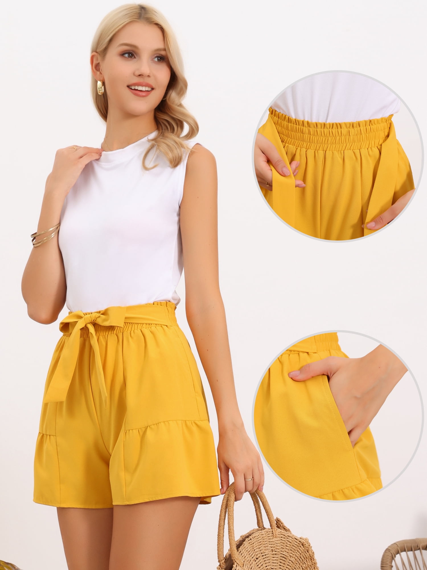 DARING DIVA Women‘s Tie Belt Waist Paper Bag Dressy Shorts X-Small Yellow