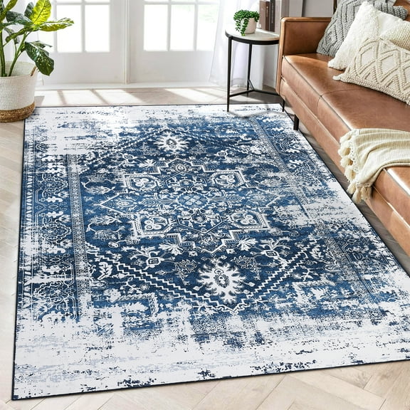 Hasoo Area Rug 5' x 7' Washable Printed Rugs for Living Room Non-Slip Carpet Blue