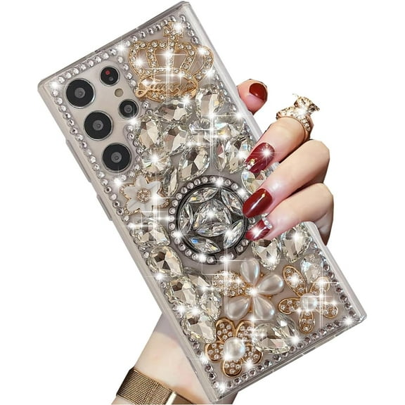 for Samsung Galaxy S24 Ultra Glitter Case with Ring Holder,Cute Luxury 3D Crown Crystal Rhinestone Diamond Pearl Flower Bling Sparkle Women Girls Phone Case for Galaxy S24 Ultra 6.8" (Silver)