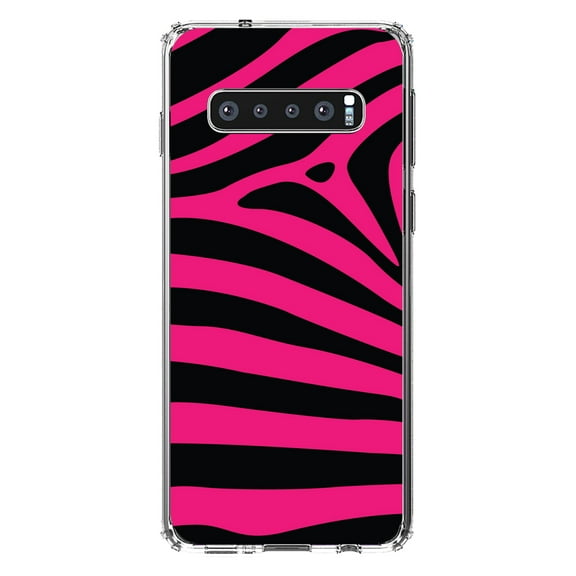 DistinctInk Clear Shockproof Hybrid Case for Samsung Galaxy S10  PLUS(6.4" Screen) - TPU Bumper, Acrylic Back, Tempered Glass Screen Protector - Black Hot Pink Zebra Skin Stripes