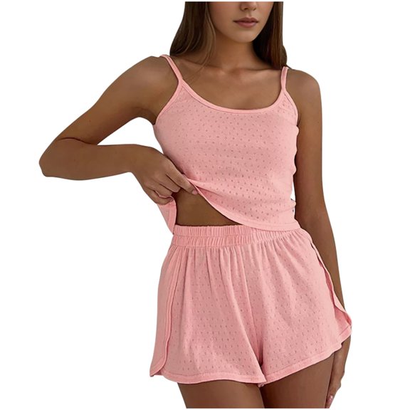 LOVZFMLL Workout Sets for Women Spaghetti Strap Tank Top and Shorts Two Piece Short Sets Hollow Athletic Running Matching Clothing Pink L