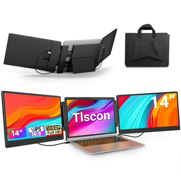 Tlscon Portable Monitor, 14" IPS Triple Laptop Screen Extender Build-in Stand & Dual Speakers Fit for 13''-16.1'' , Plug and Play, Compatible with Windows, MacOS, Chrome, Android, PS5
