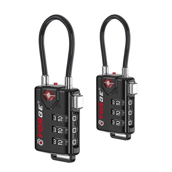 Forge TSA Approved Luggage Locks, TSA Open Alert Cable Lock, Black, 2 Pack