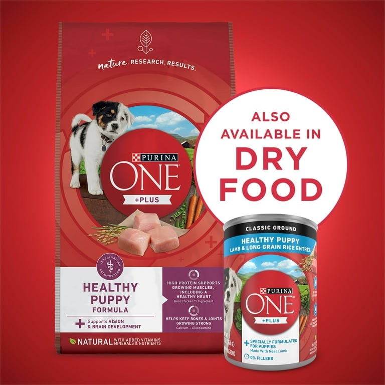 Purina One +Plus Classic Ground Wet Helthy Puppy Dog Food, Soft Lamb Long  Grain Rice, 13 oz Cans (12 Pack)