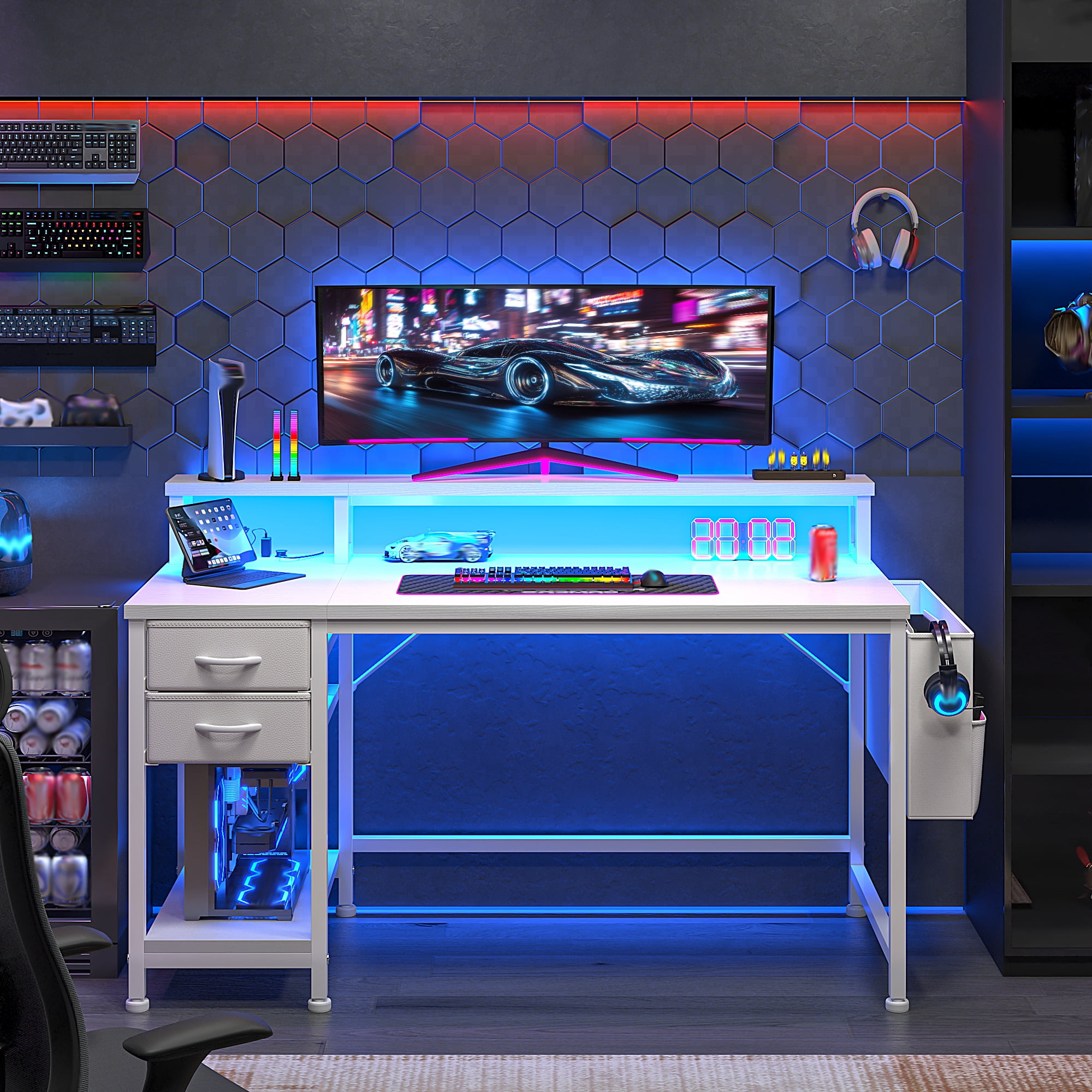 EnHomee 40" Desk with Power Outlets and LED Lights, Computer Desk with Drawers & Storage, Gaming Desk with Monitor Stand, White