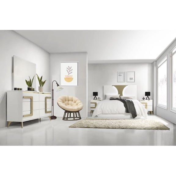 Kings Brand Furniture Claire 5-Piece Modern & Stylish Bedroom Set in White/Gold Finish - Bed Frame with LED Headboard, Dresser, Mirror and 2 Nightstands (King)