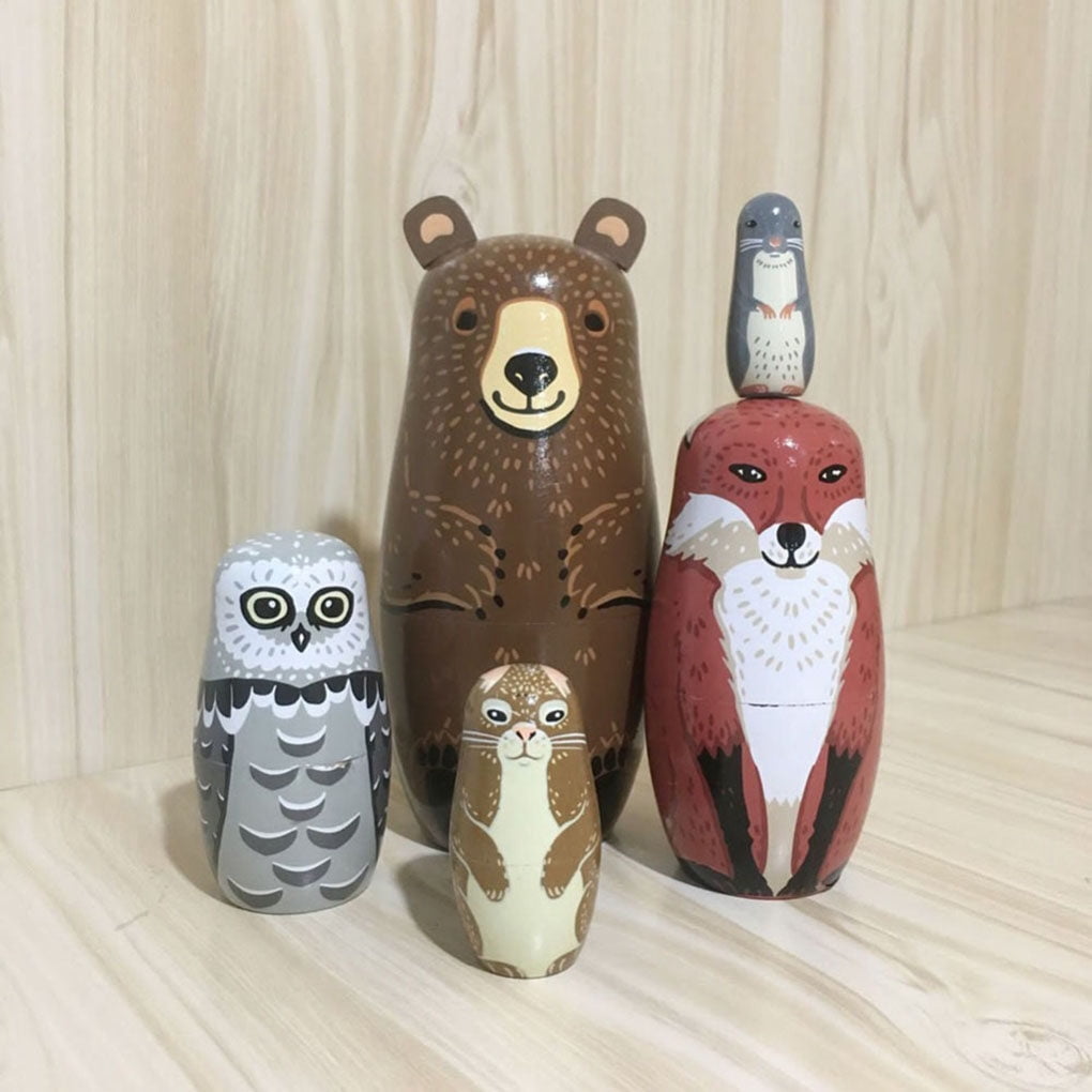 5 Pieces Cute Animals Nesting Stacking Wood Bear Rabbit Matryoshka