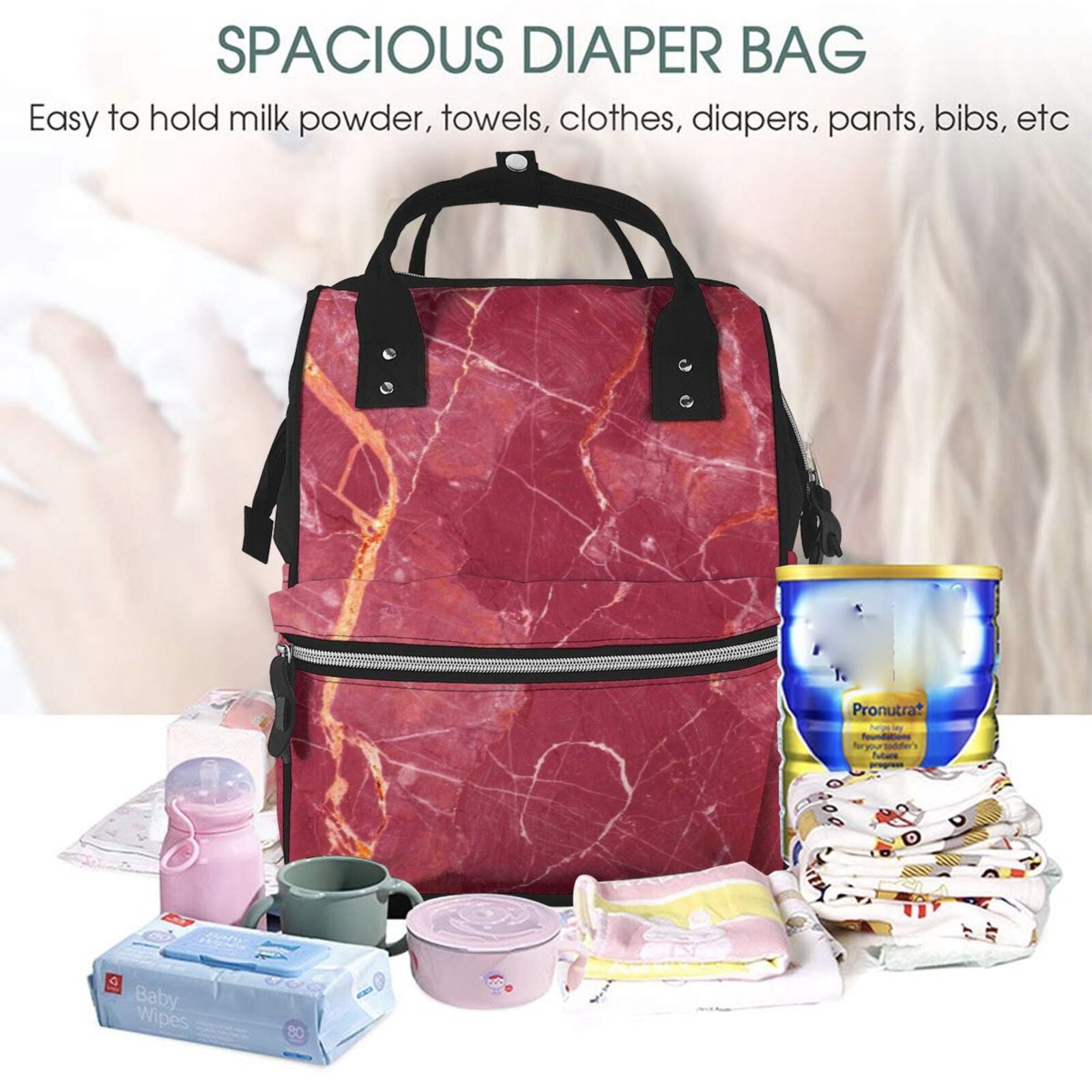 Ratiio Abstract Red Marble Mummy Backpack - Waterproof Twill Canvas, Large Capacity Diaper Bag with Multiple Pockets and Adjustable Straps