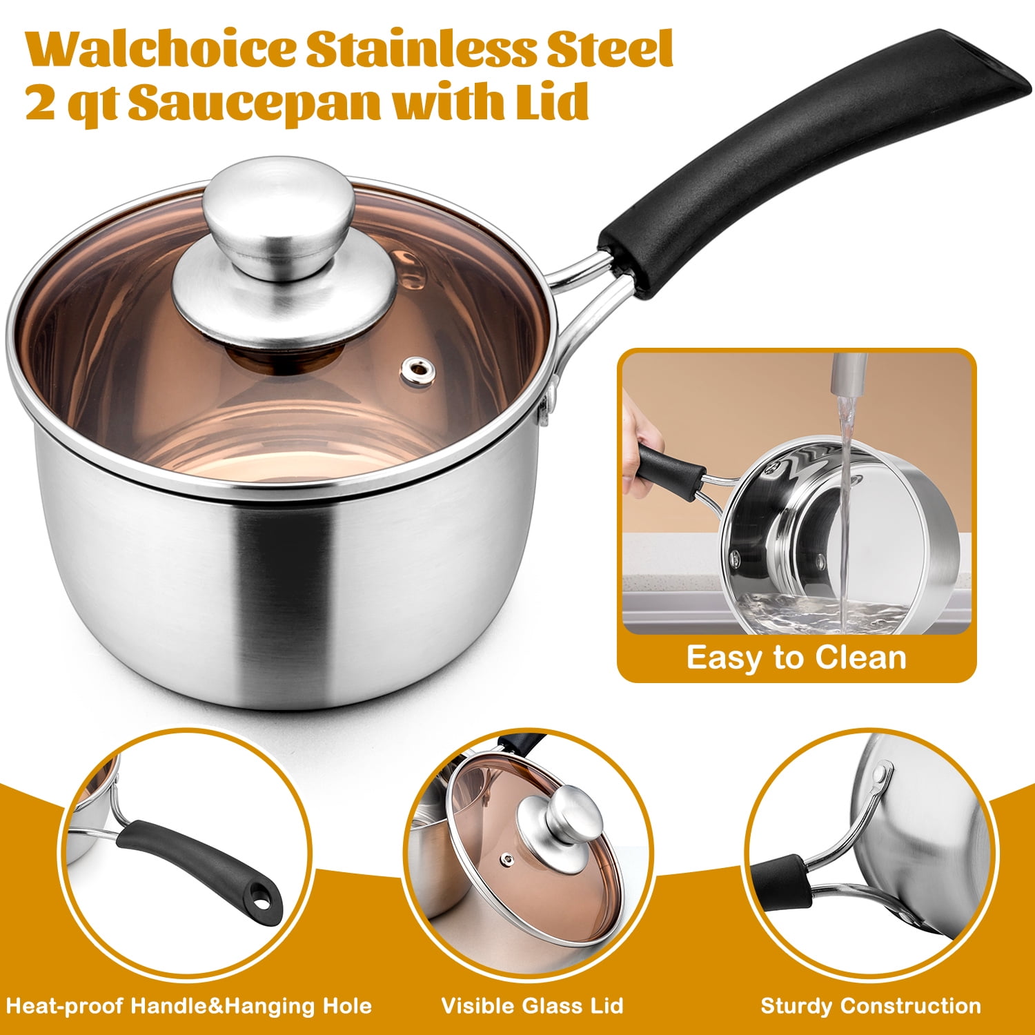18/8 Stainless Steel Saucepan with Lid, 2.5 Quart Nonstick Sauce Pan, Small  Pots for Cooking, Dishwasher Safe, Gold