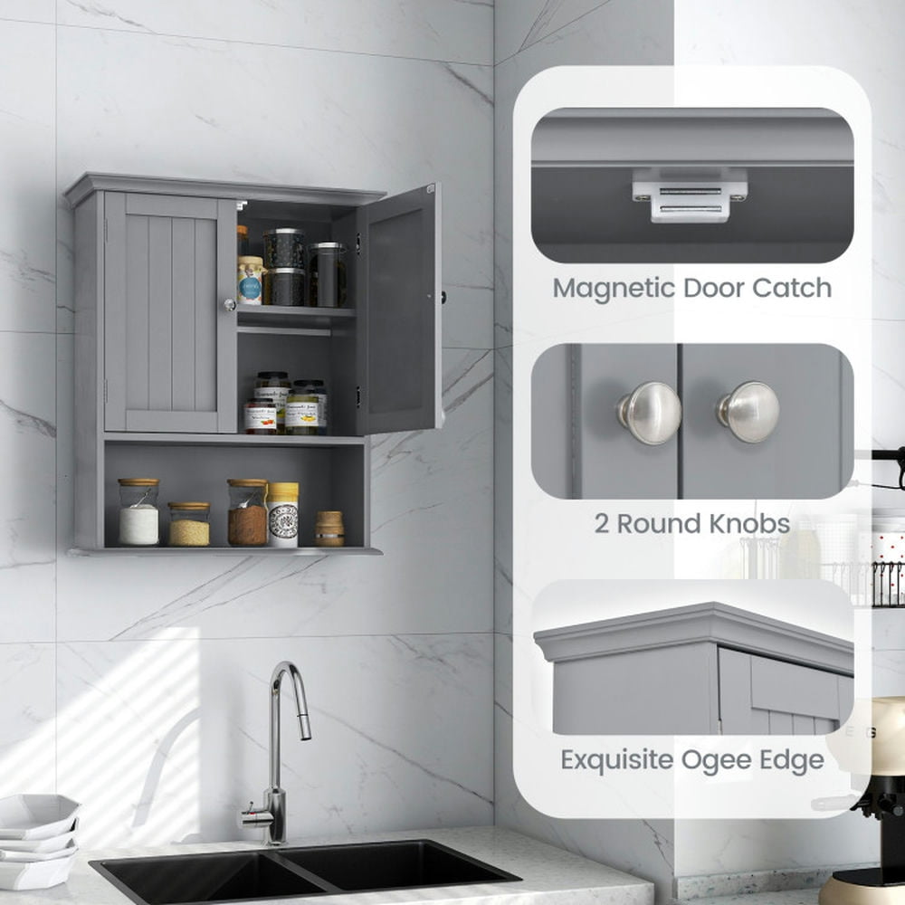 Finihen Wall Cabinet, Wall Mounted Bathroom Cabinet, Medicine Cabinet, Wall Mount Bathroom Cabinet Storage Organizer with Doors and Shelves, for Kitchen Entryway Bathroom, Gray