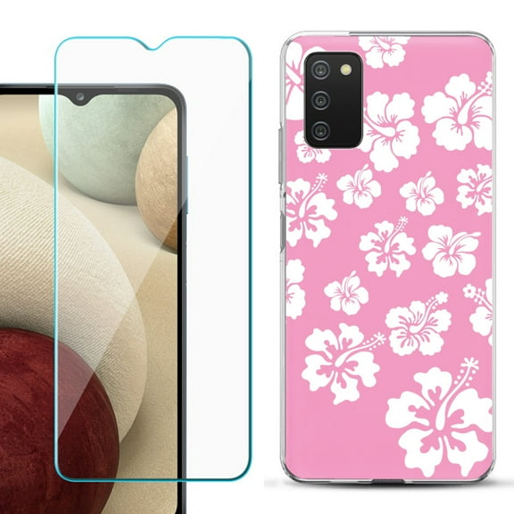Slim-Fit TPU Fashion Phone Case for Samsung Galaxy A03s, with Tempered Glass Screen Protector, by OneToughShield ® - Hibiscus Pink