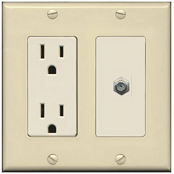 RiteAV - 15 Amp Power Outlet and 1 Port Coax Cable TV- F-Type Decorative Type Wall Plate - Ivory/Light Almond