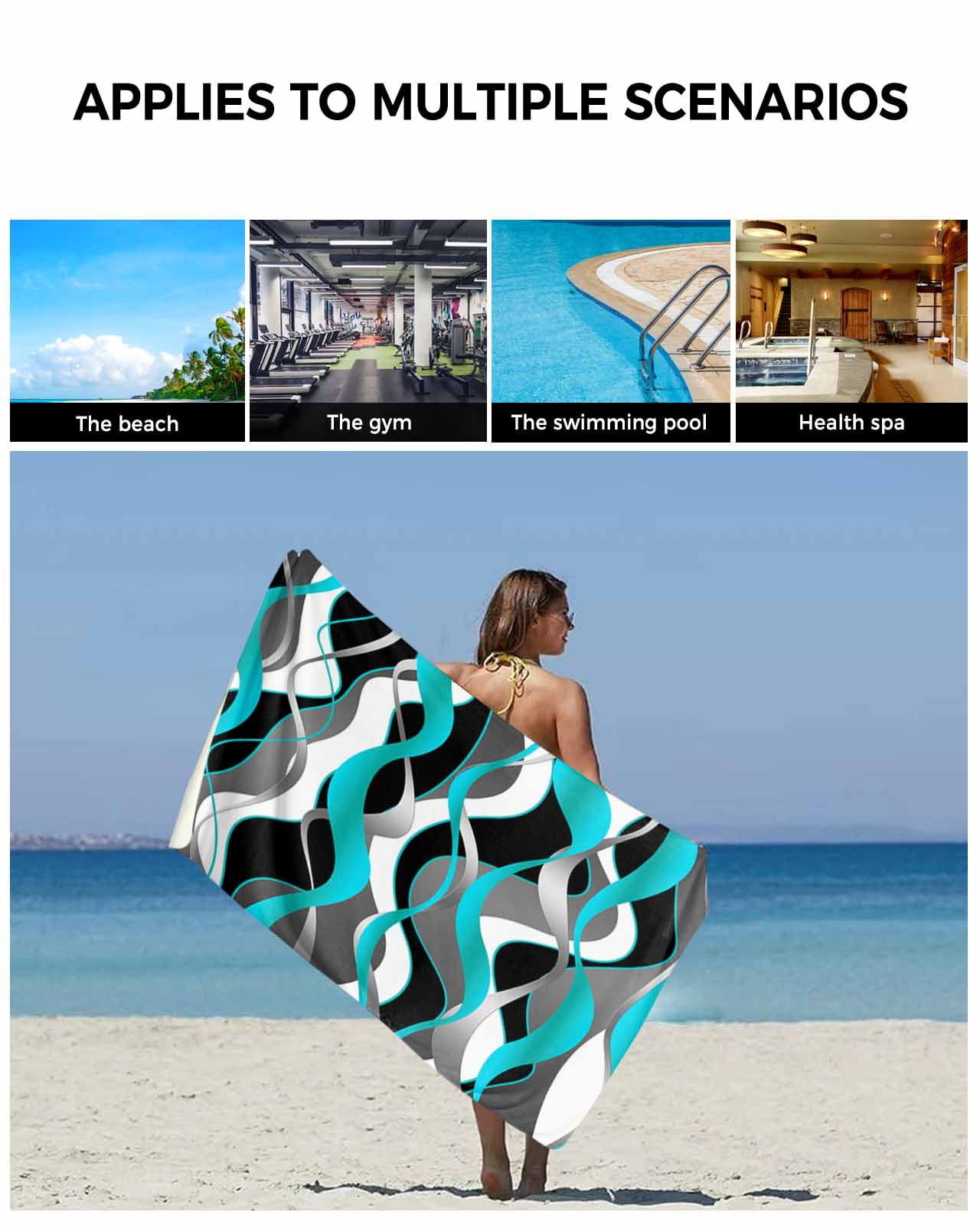 Aqua Stripe Bath Towels for Bathroom Set,Luxury Microfiber Towels Gifts for Women,Beach Kitchen Hand Hair Face Towel and Dish Washcloth,Ombre Grey Moire Geometric Modern Abstract Towels+Set