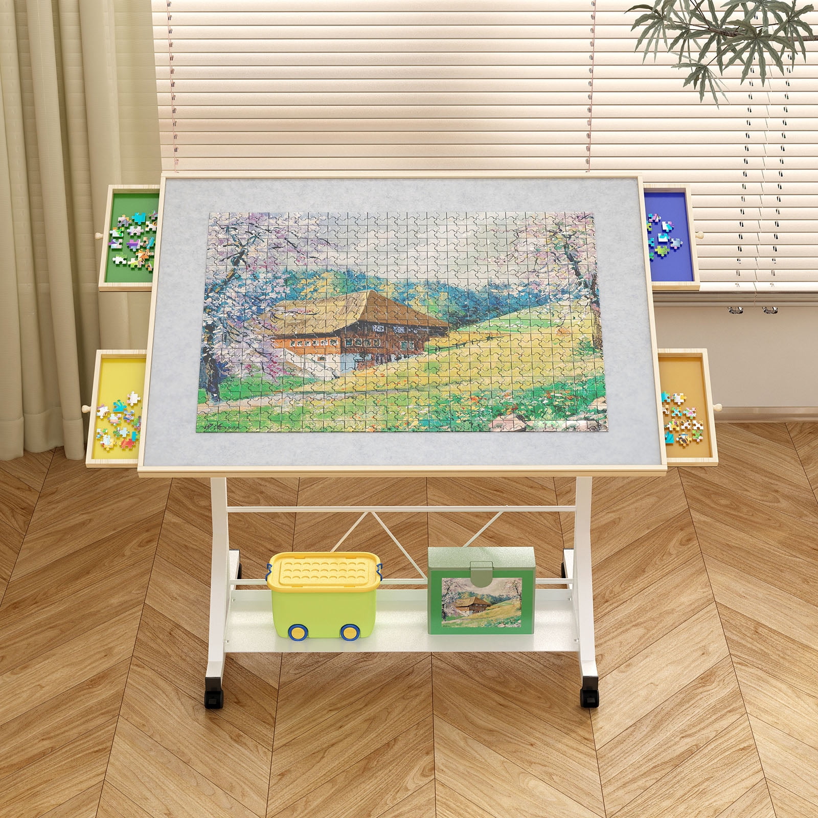 CQSXDA 1500 Piece Capacity Wooden Puzzle Table in White, Adjustable Height and Angle, with Drawer and Protective Cover Included 360 Degree Tilting Design and Rolling Wheels