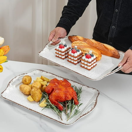 QIHE-Vintage White Large Serving Tray with Handles, 17.25x12 inch, Set of 2 Melamine Platters for Serving Food, Turkey, Cookie, Rectangular Trays for Eating, Crackled Finish with Rustic Raised Rim.