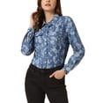 thumbnail image 1 of INSPIRE CHIC Women's Point Collar Long Sleeve Button Down Chest Pockets Denim Shirt M Mid Blue Floral, 1 of 5