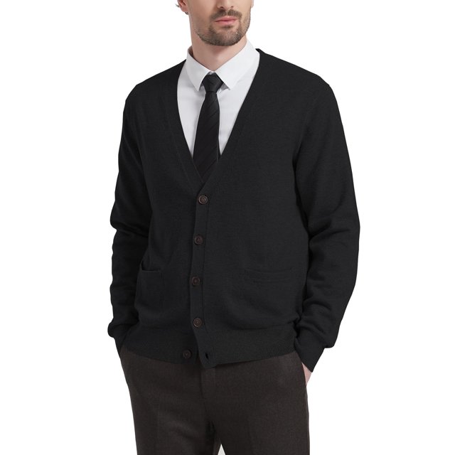 Kallspin Men's Cardigan Sweaters Wool Blend V Neck Button Down Sweaters with Pockets(Black, X-Large)