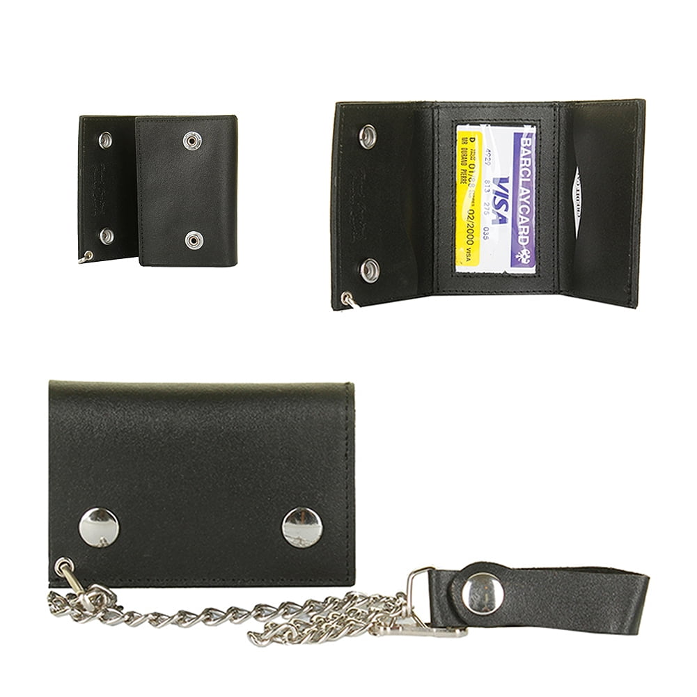 DBFL Men's Genuine Leather Chain Trifold Motorcycle Wallet Black OS