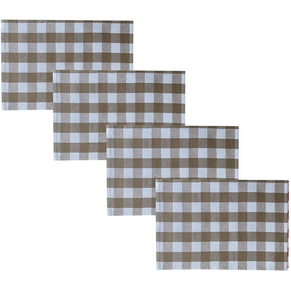 Newbridge Farmhouse Buffalo Check Rustic Cotton Placemats - Cottage Style Farmhouse Gingham Check Reversible Placemats - Set of 4 Placemats, Taupe
