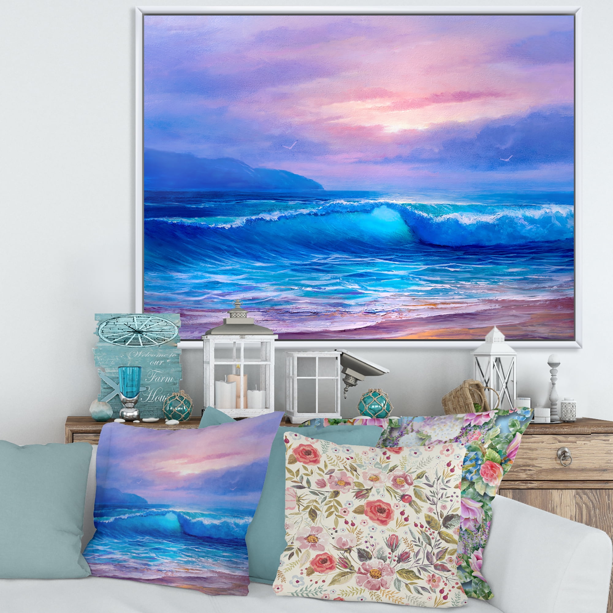 Designart 'The Sea By The Beach With Golden Sunset' Nautical & Coastal Framed Canvas Wall Art Print