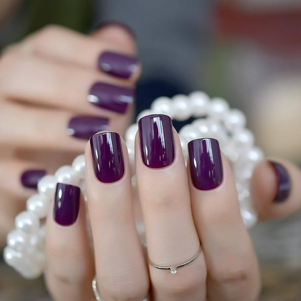 Elevenail Elegante Púrpura Brillante Prensa en Uñas Postizas Cortas Squoval Uñas Postizas Diaria Oficina Salón Manicura Reutilizable Acrílico Nail Art Tips Regalo para Mujeres Niñas