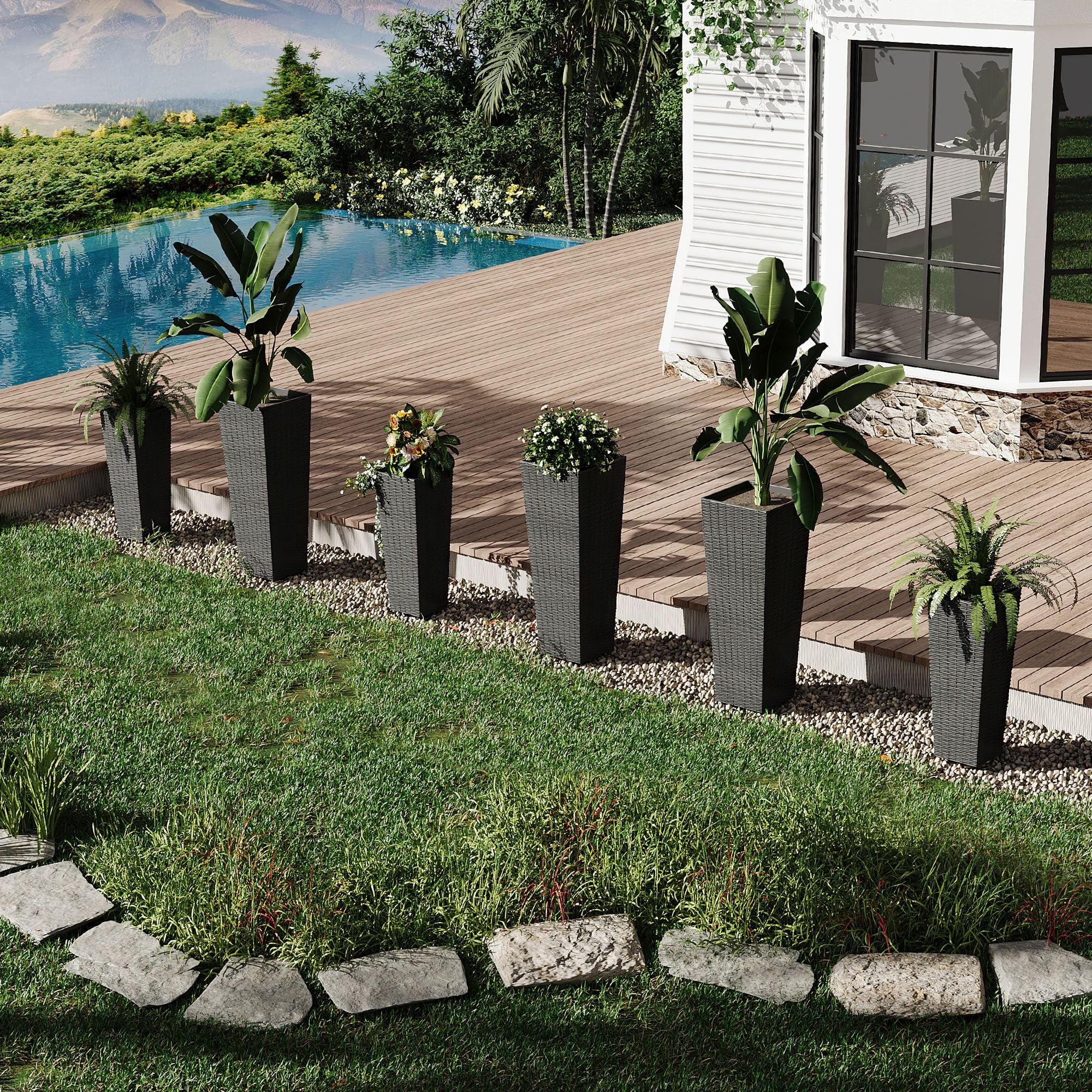 Tall Plastic Planters Set of 2,Large Rattan Tall Planter with 4 Drainage Holes,Indoor/Outdoor Decorative Flower Pots for Patio,Backyard, Home Garden（24 Inch+32 Inch）