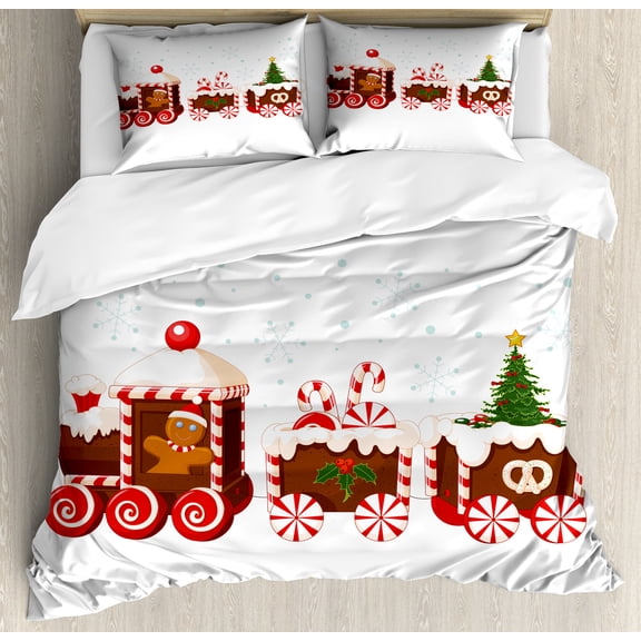 Christmas Duvet Cover Set, Train Gingerbread Cream Candy Cartoon Snowflakes Presents, Decorative 3 Piece Bedding Set with 2 Pillow Shams, Queen Size, White Brown Vermilion, by Ambesonne