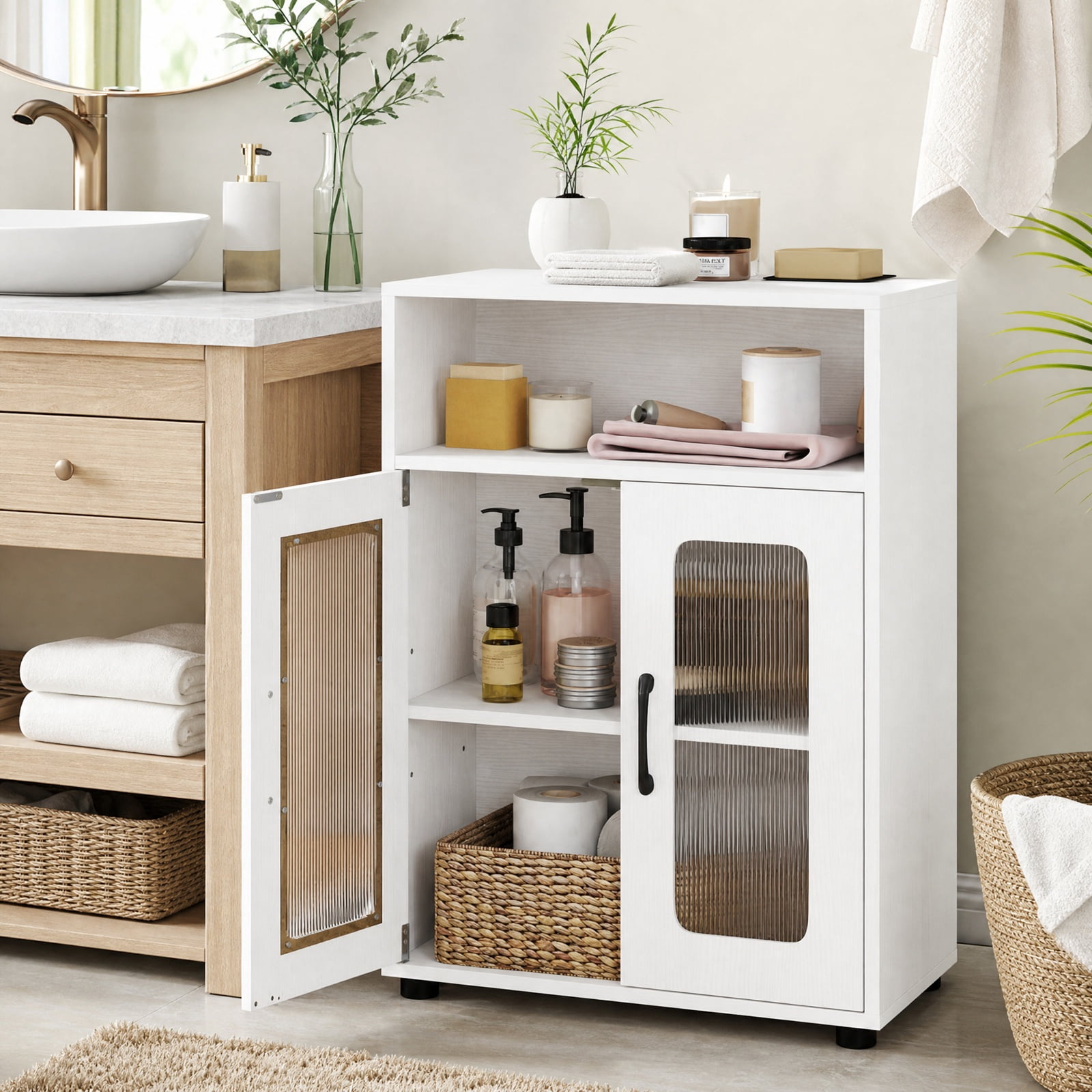 Vebreda Freestanding Bathroom Storage Cabinet, Bathroom Cabinet Freestanding Cabinet with 2 Doors and 3-Level Adjustable Shelf