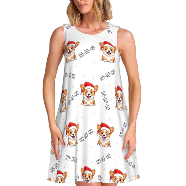 Easygdp Corgi With Santa Claus Hat para Vestido Transpirable de Mujer, Vestido Suelto de Manga Corta con Pliegues y Bolsillos para el Verano