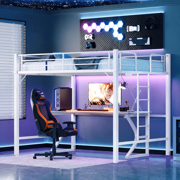 Zimtown Loft Bed Queen Size with LED and Charging Station, Metal Bunk Bed Frame,Heavy Duty Metal Slat Support,White
