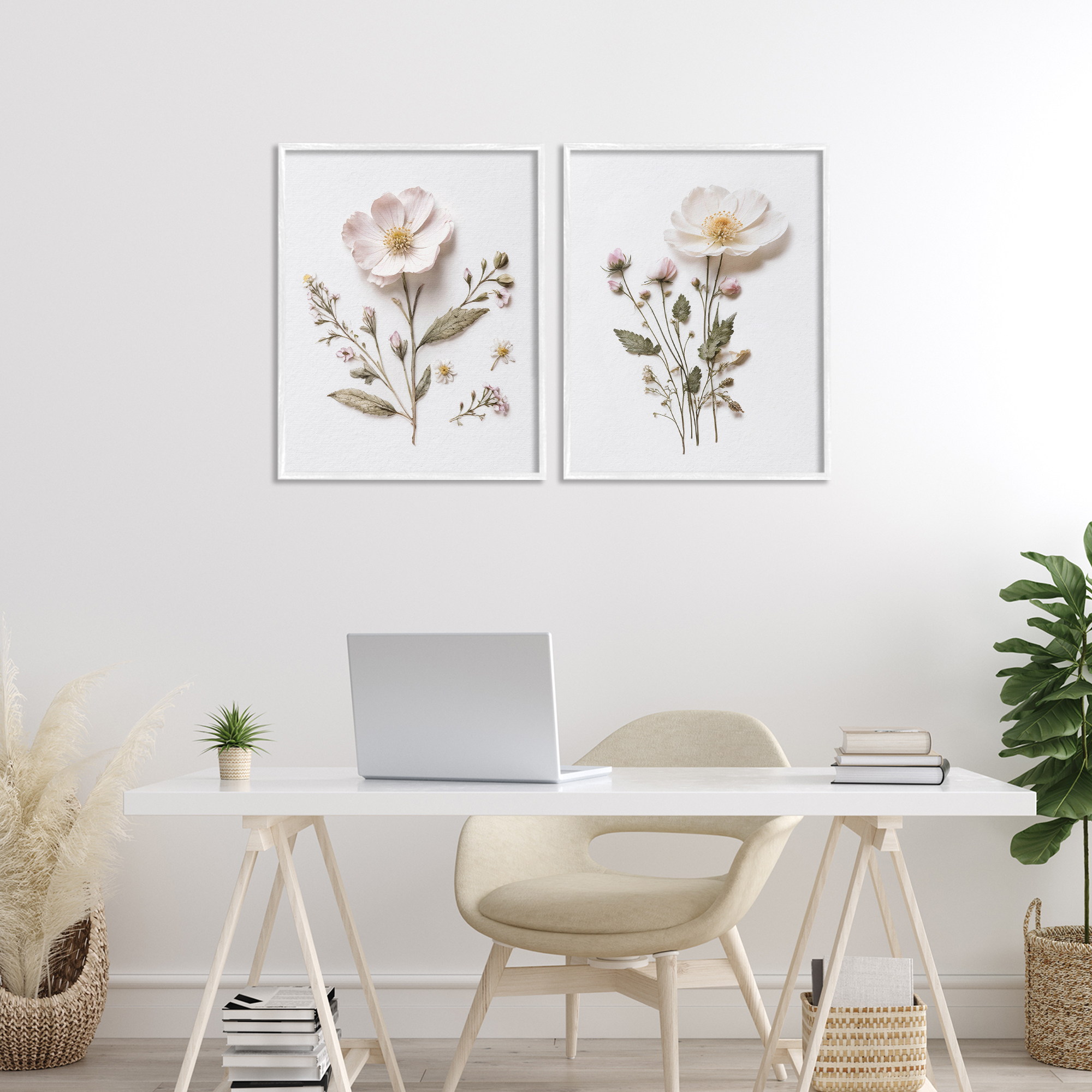 Minimal Pressed Flowers 2 Piece White Framed Giclee Art Set, design by Lettered and Lined