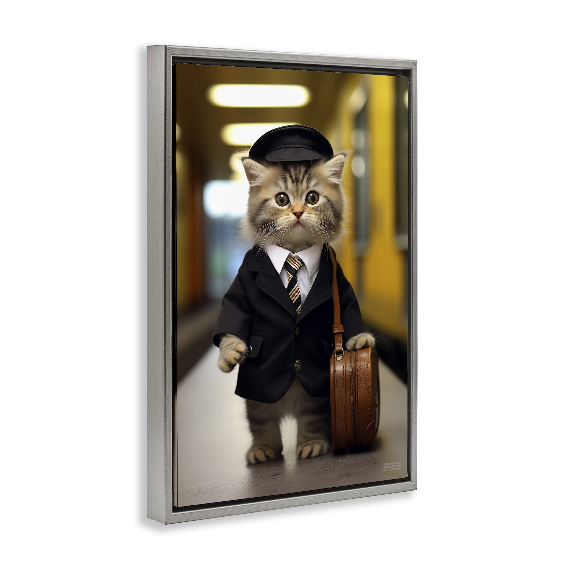 Stupell Industries Traveler Kitten & Briefcase Novelty Painting Gray Floater Framed Canvas Art Print Wall Art, 21 x 31