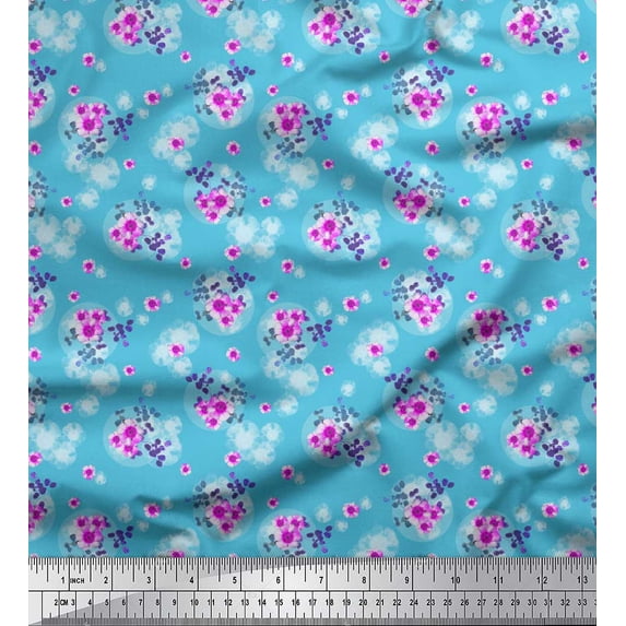 Soimoi Blue Silk Fabric Leaves & Periwinkle Floral Printed Craft Fabric by the Yard 42 Inch Wide