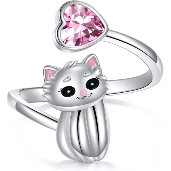 VONALA Cat Rings 925 Sterling Silver Cute Heart Cat Rings for Women