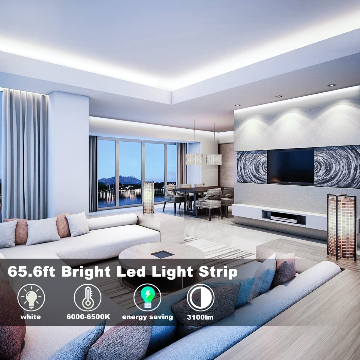 LED Strip Lights White,65.6ft Dimmable LED Light Strip with RF Remote ...