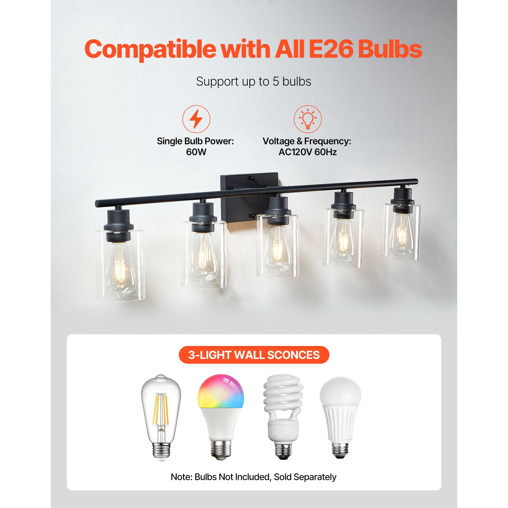 KFFKFF 5-Light Bathroom Vanity Fixture, 37.1-Inch Modern Wall Light with Clear Glass Shades, 60W, Suitable for Bathroom, Living Room, Bedroom, Hallway, E26 Base (Bulbs Not Included)