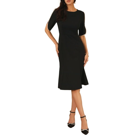 INSPIRE CHIC Women's Cocktail Dress Mermaid Beaded Sleeves Wedding Guest Formal Bodycon Midi Dresses 2XL Black