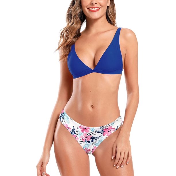 Women's V Neck Bikini Low Waist Floral Print Two Piece Bathing Suits Azul CH Azul CH Xishao ropa