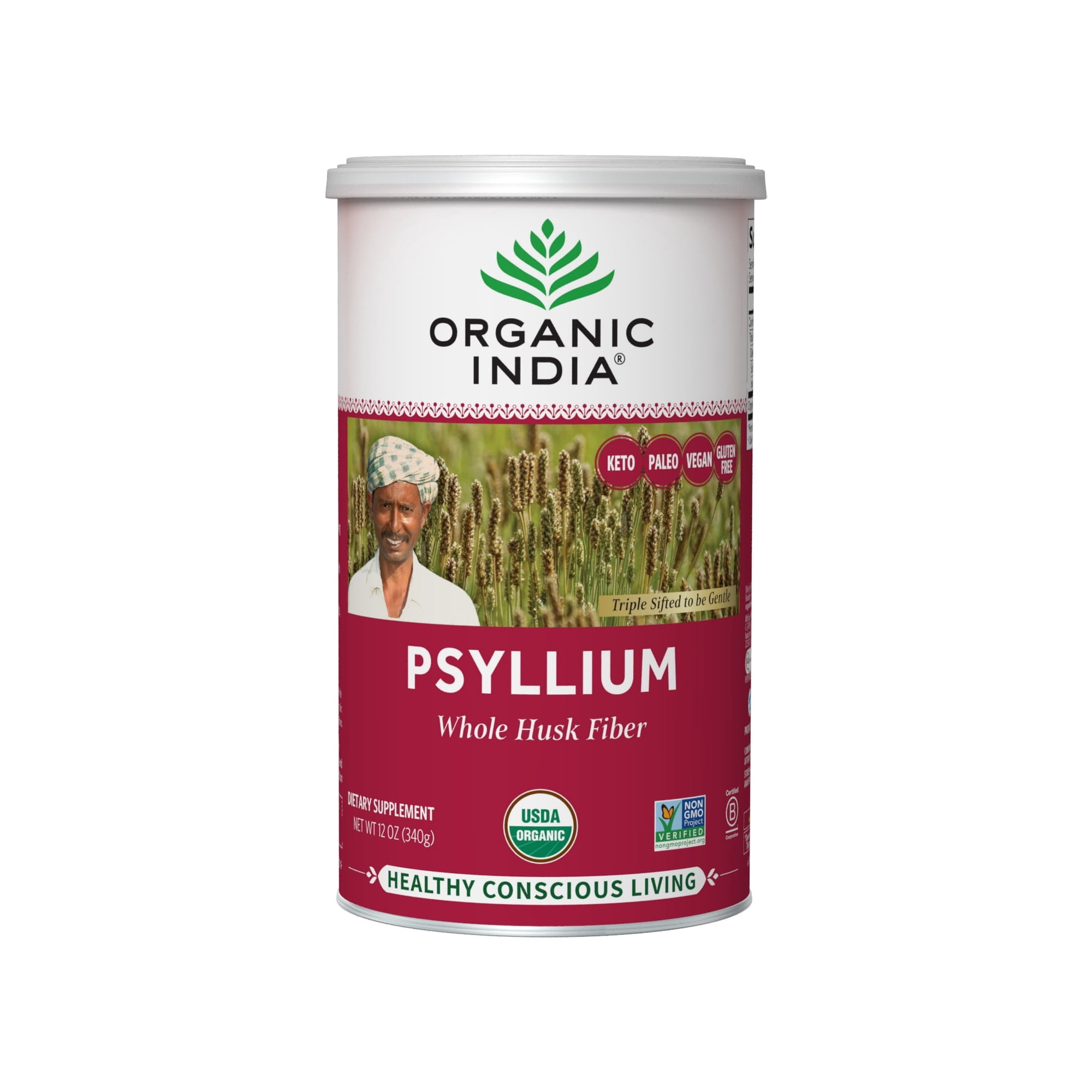 Organic India Psyllium, Whole Husk 100% Certified Organic Fiber, Natural Dietary Fiber 12 oz