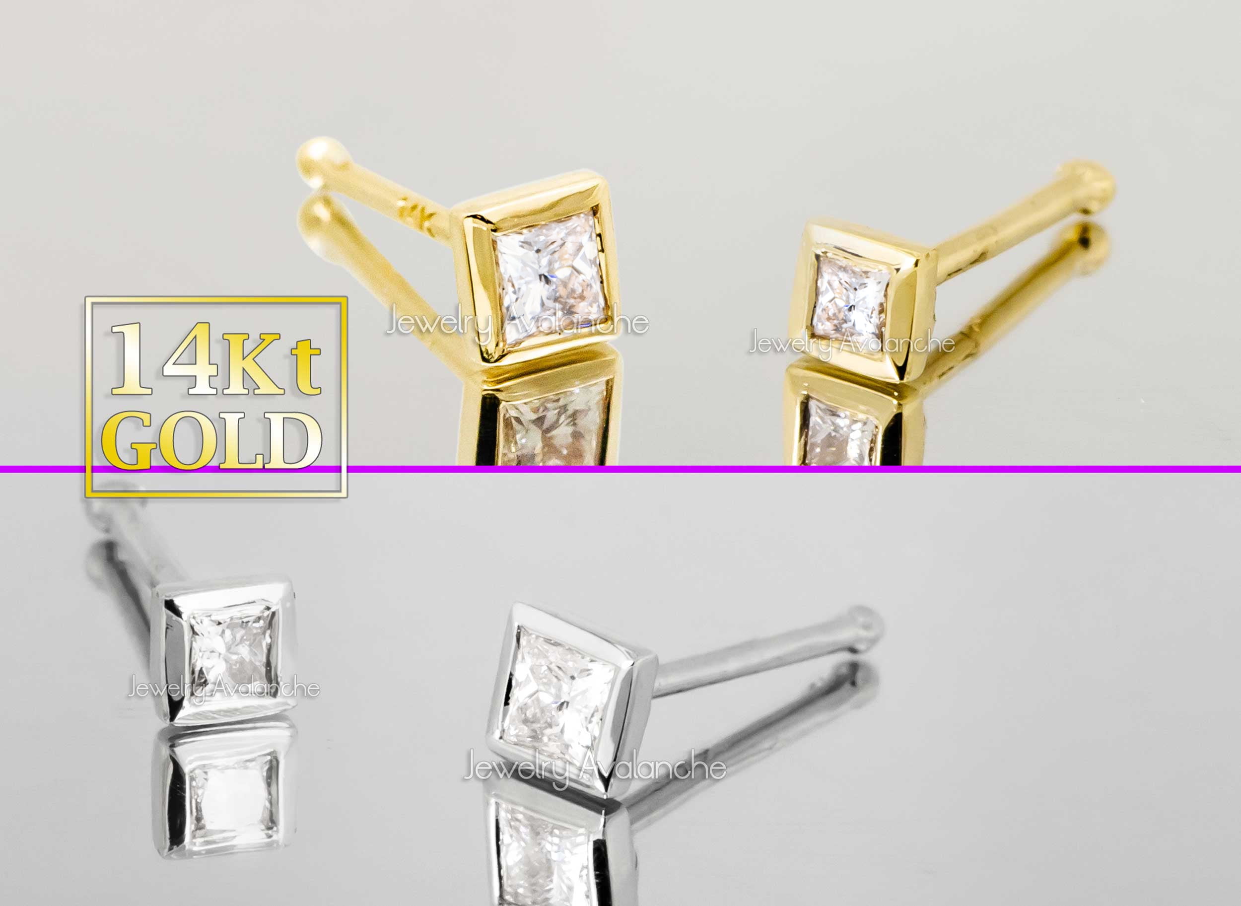 22G 14K White Gold Bone-end Nose Stud Bezel Set 0.05ct Princess Cut Diamond - April Birthstone Nose Ring - NSBNWG_PWD2