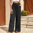thumbnail image 2 of Womens Wide Leg Linen Pants Elastic High Waisted Drawstring Flowy Crop Trousers with Pockets Black,S, 2 of 6