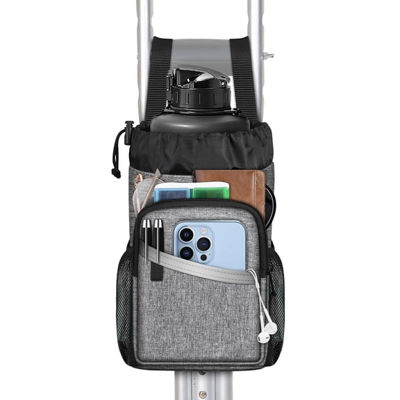 NCY Crutch Accessories Bag, Water-Resistant Storage Organizer Tote Bag with Drink Holder and Zipper Pouch for Crutches, Underarm Crutches Attachment, Gray
