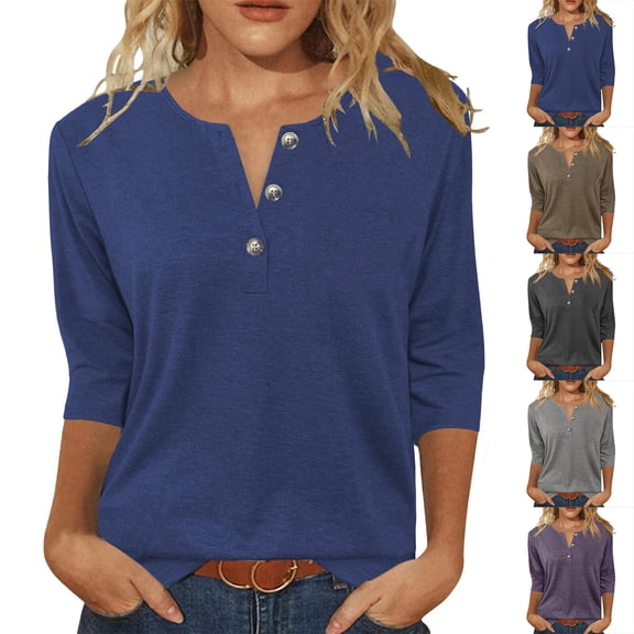 Qwertyu Womens Tops 3/4 Sleeve V Neck Button Down Henley Shirts Business Casual Basic Tees Summer Top 2026 Gray 3XL