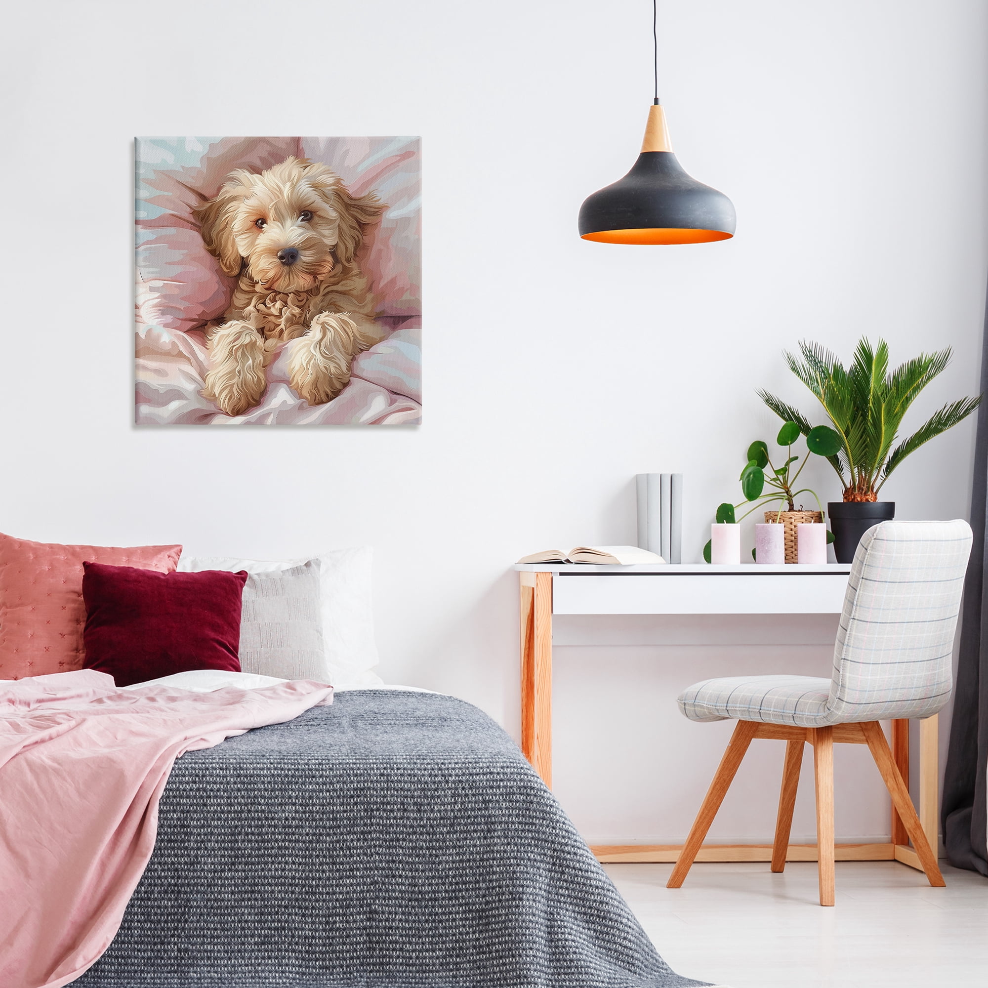 Stupell Industries Cuddling Labradoodle Bed Animals Painting Wrapped Canvas Art Print Wall Art, 30 x 30