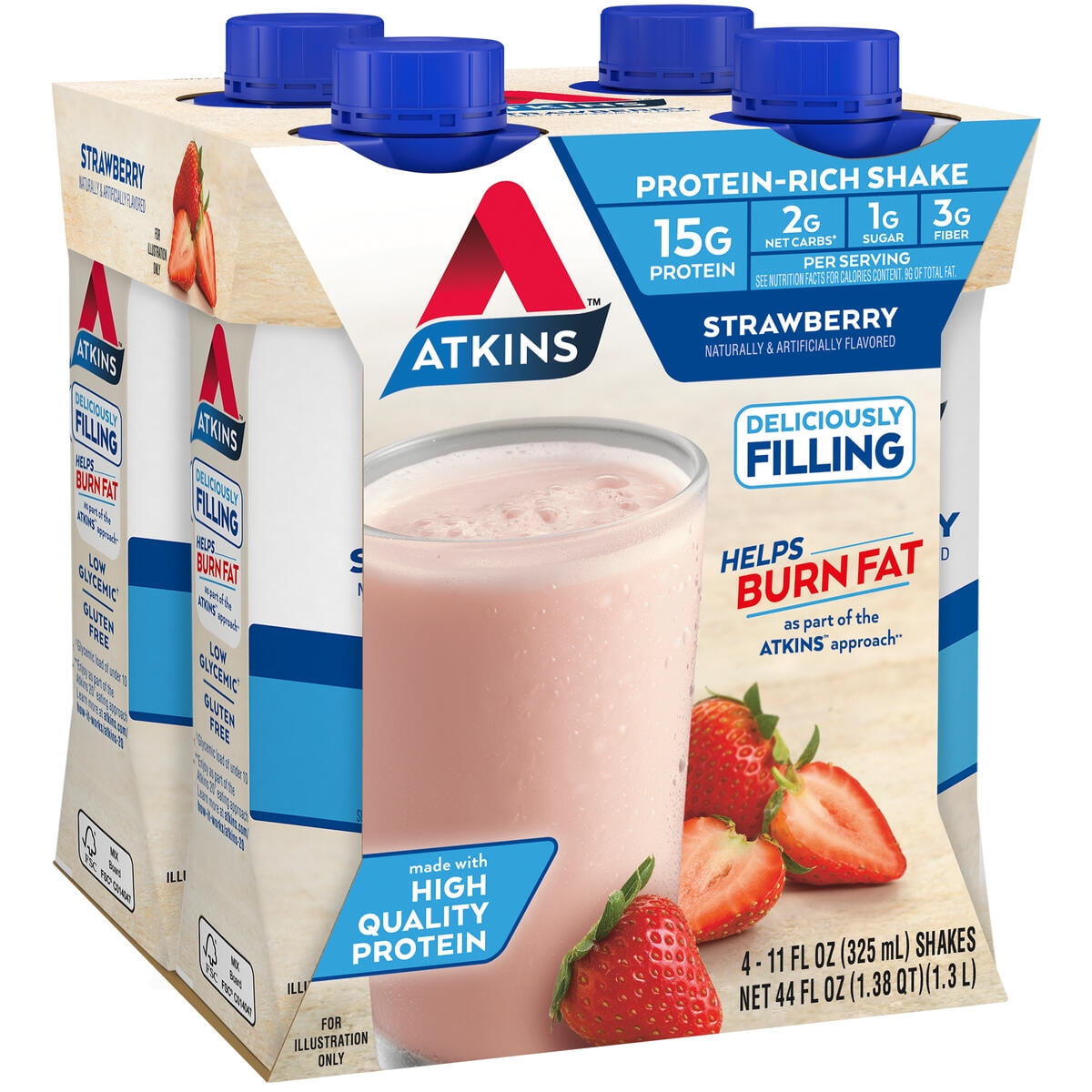 (3 pack) Atkins Protein Shake Strawberry Flavored, 15g Protein, Keto Friendly, 11 fl oz, 4 Count