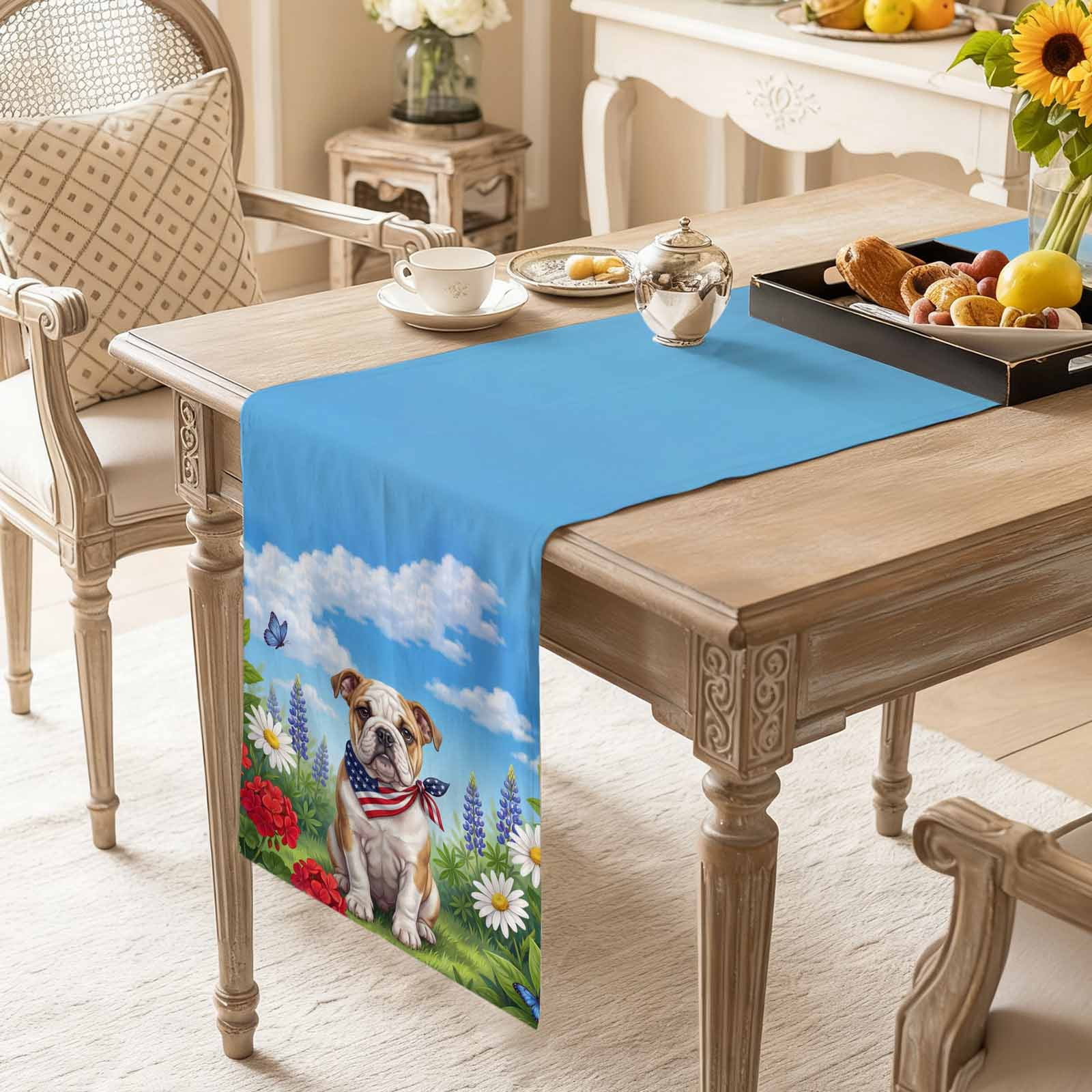Independence Day Table Runner, American Flag Cute Dog Puppy Colorful Flower Washable Cotton-linen Table Runners Dining Kitchen Decoration for Everyday Home Wedding Party Decor, 18 x72 Inch