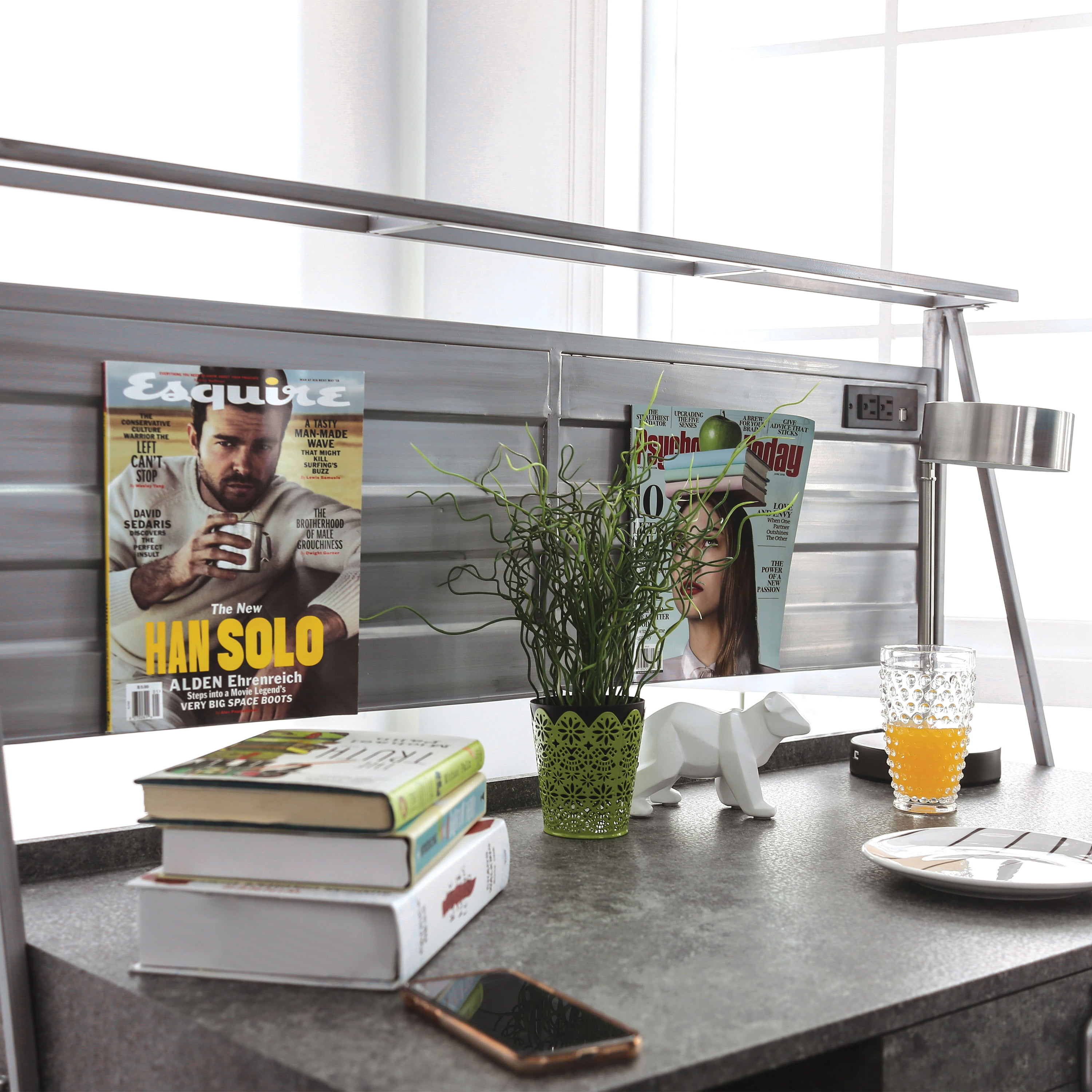 Furniture of America Jairo Industrial Metal Writing Desk with USB Outlet in Silver Finish
