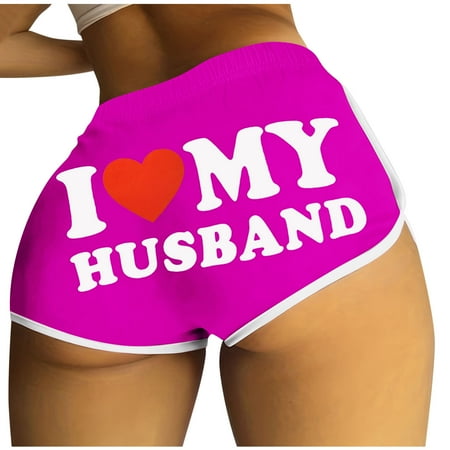 Lovskoo I Love My Husband Booty Shorts for Women Letter Printed Yoga Sport Workout Hot Pants Elastic Waist Athletic Lounge Shorts Purple